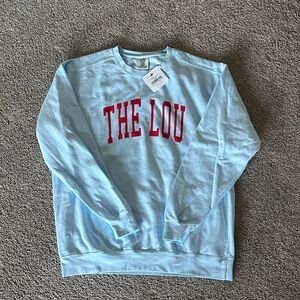 Light Blue Crewneck Sweater with Red Print